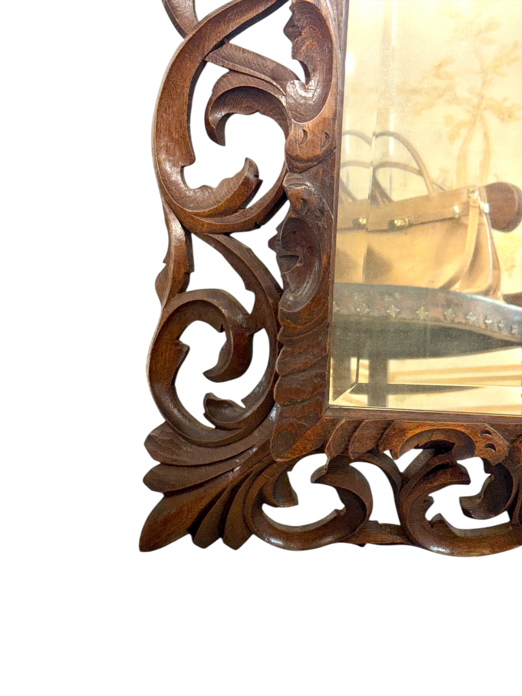 19th Century French Hand-Carved Oak Beveled Mirror