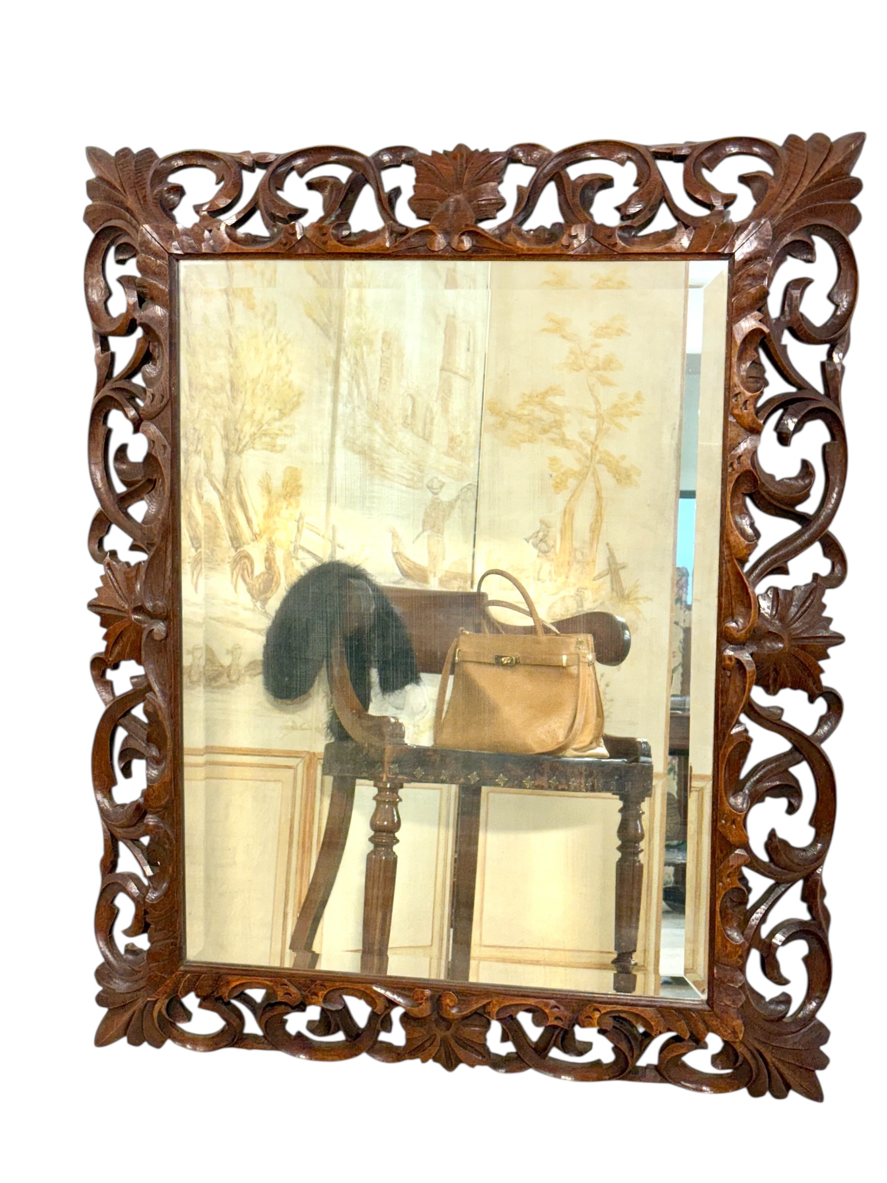 19th Century French Hand-Carved Oak Beveled Mirror