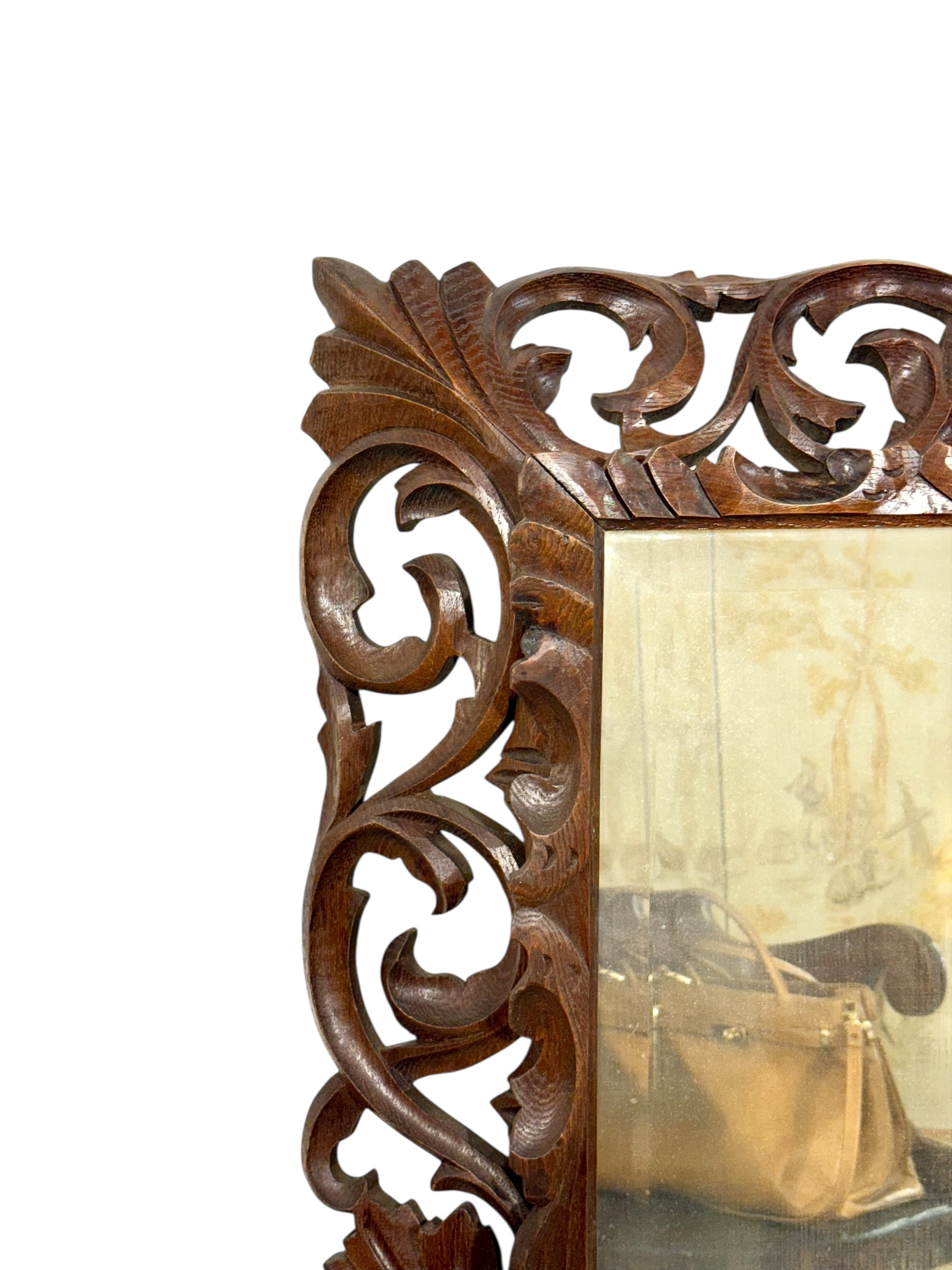 19th Century French Hand-Carved Oak Beveled Mirror