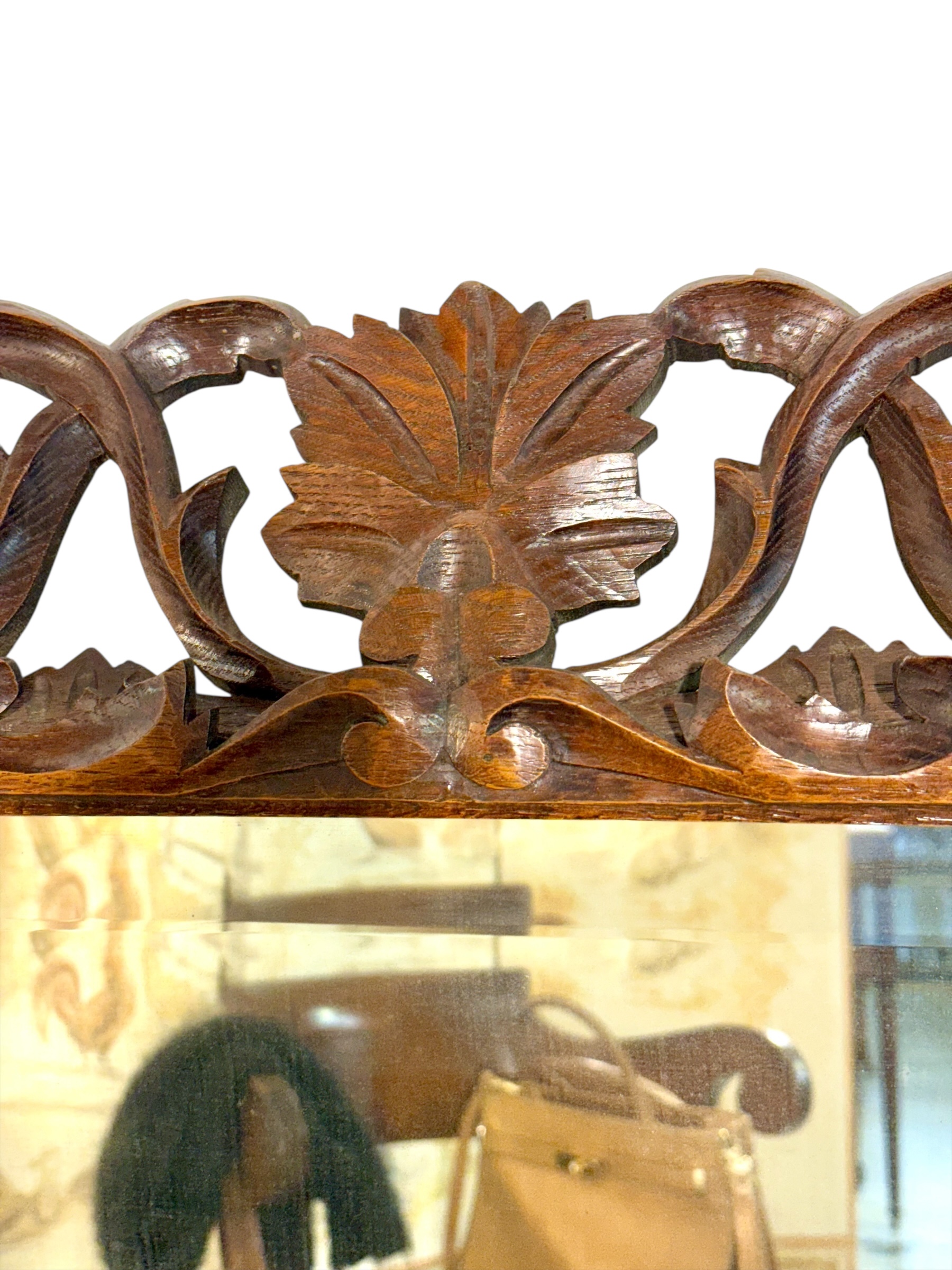 19th Century French Hand-Carved Oak Beveled Mirror