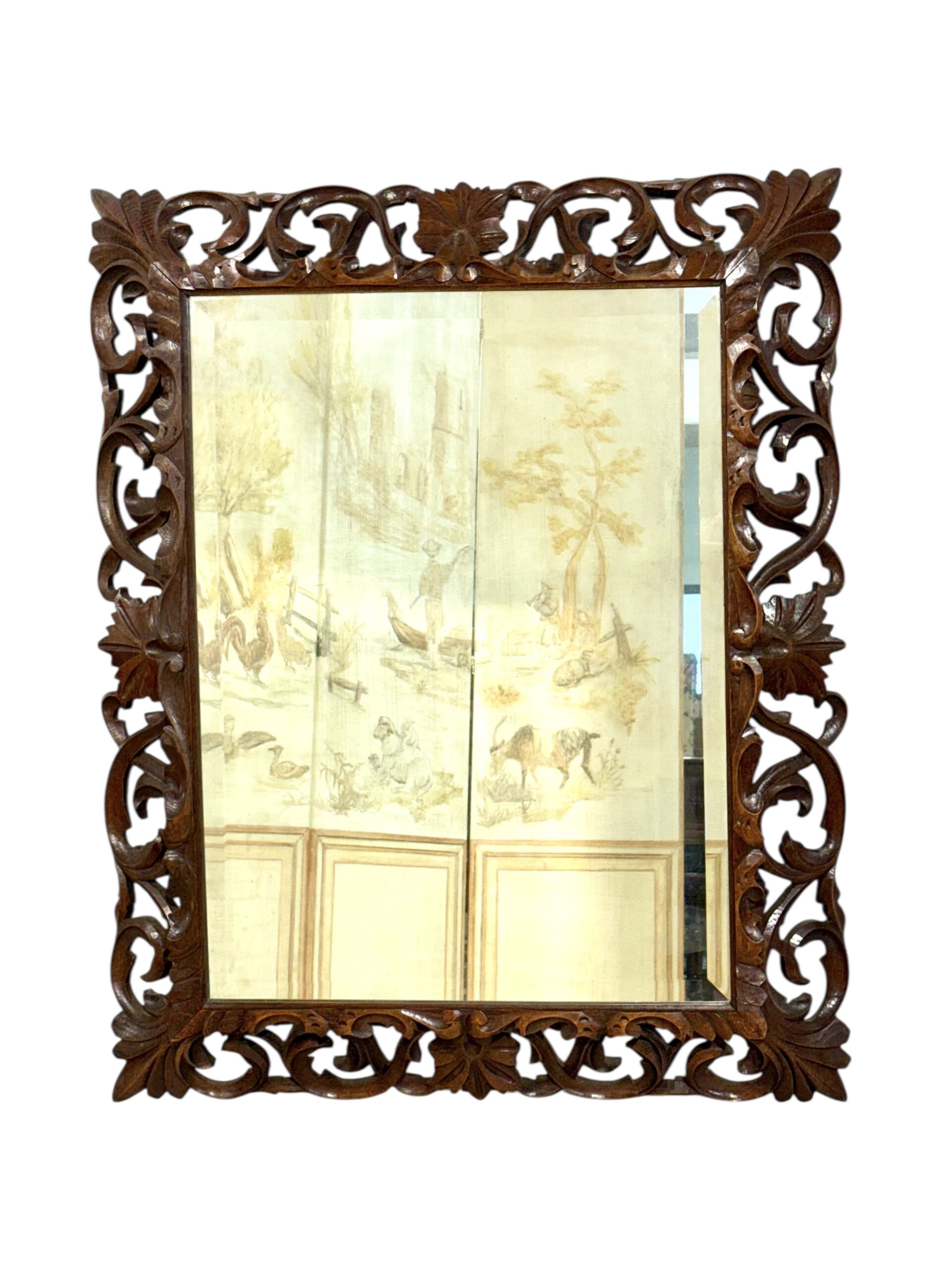 19th Century French Hand-Carved Oak Beveled Mirror