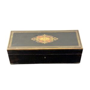 French Napoléon III Black Lacquer Box with Boulle-Style Cartouche