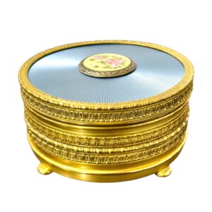 Gilded Metal & Guilloché Enamel Jewelry Box with Hand-Painted Miniature