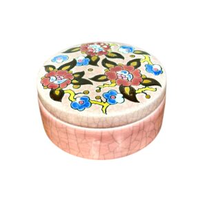 Longwy Pink Crackle Glazed Box with Floral Décor, Signed M.P. Chevallier