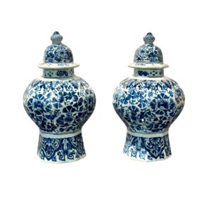 Pair of Blue and White Delft Octagonal Lidded Vases, Marked J.V.