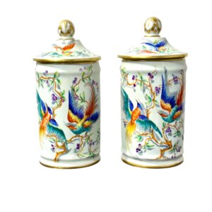 Pair of Le Tallec Paris Apothecary Jars, Hand-Painted Birds & Gilt